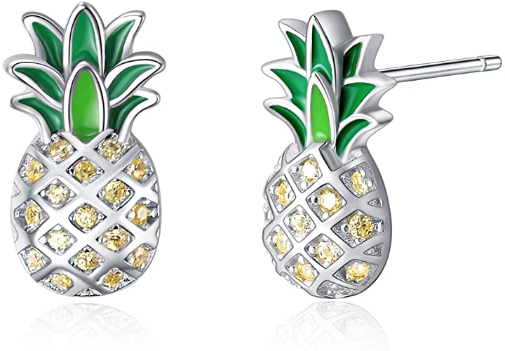 LUHE Pineapple Pendant Necklace,Pineapple Stud Earrings,Pineapple Threader Earrings,Sterling Silver Two-Tone Pineapple Jewelry Gift for Women Teens Girls