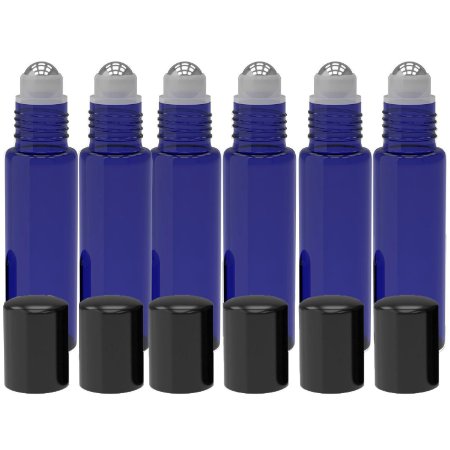 Kaith Glass Roll On Bottles With Metal Ball Best Quality [STAINLESS STEEL ROLLER] 10ml (1/3oz) Cobalt Blue Glass -For Aromatherapy, Essential Oils, Perfumes and Lip Balms Set of 6