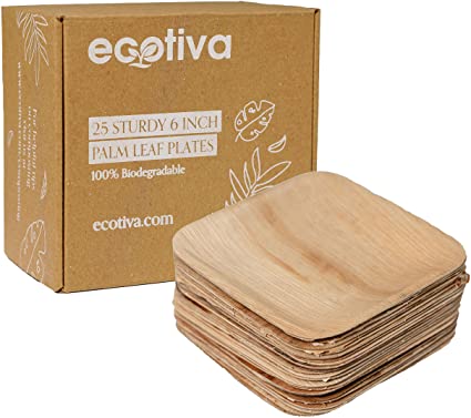 ecotiva - 25 Pack of Palm Leaf Plates - Biodegradable Plates - Eco Friendly - Beautiful and Sturdy 6 inch Palm Leaf Plates - Perfect for Parties and Showers - Reusable Plates - Disposable Plates