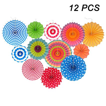 Fiesta Colorful Paper Fans Lantern Round Wheel Disc Design for Party,Event,Wedding Birthday Carnival Home Decorations (Set of 12)