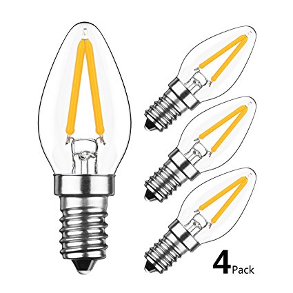 HzSane 2W LED Filament C7 Night Light Bulb, 2700K Warm White 200LM, E12 Candelabra Base Lamp C7 Mini Torpedo Shape, 15W Incandescent Replacement, Refrigerator bulb, Non-dimmable, 4 Pack
