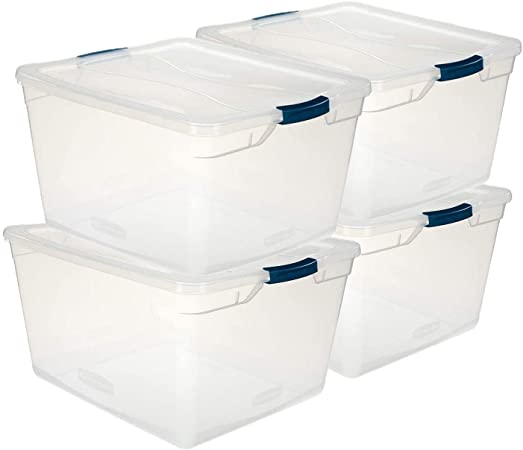 Rubbermaid Cleverstore Clear 71 QT Pack of 4 Stackable Large Storage Containers with Durable Latching Clear Lids, Visible Organization and Storage, Great for Tools, Sports Equipment, and Large Items