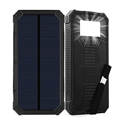 Solar Charger, Friengood 15000mAh Portable Solar Power Bank with Dual USB Output Ports, Solar Phone Charger External Battery Pack with 6 LED Flashlight Light for iPhone, iPad, Android and More - Black