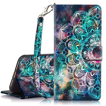 iPhone 8 Plus Case, iPhone 7 Plus Case, Hocase PU Leather Full Body Protective Case with Credit Card Holders, Wrist Strap, Magnetic Closure for iPhone 8 Plus/iPhone 7 Plus - Mandala in Galaxy