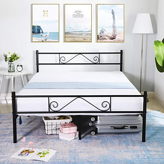 GreenForest Queen Bed Frame with Headboard, Metal Platform Heavy Duty Stable Square Metal Slats Boxspring Replacement Mattress Foundation,Queen Black