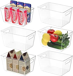 BALEINE Refrigerator Organizers and Storage Bins, 6 PK Plastic Clear Storage Bins, BPA Free Freezer Organizer Stackable Storage Bins with Handles for Fridge Kitchen Cabinet Bathroom (9.5x5.5x4.5)