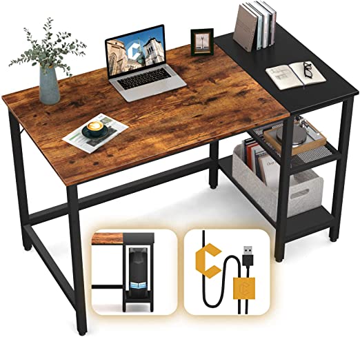 CubiCubi Computer Home Office Desk, 40 Inch Small Desk Study Writing Table with Storage Shelves, Modern Simple PC Desk with Splice Board, Rustic Brown and Black