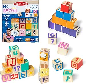 Melissa & Doug Letter, Number, and Game Wooden Learning Blocks with Activity Cards for Girls and Boys Toddlers Ages 18 Months  - FSC-Certified