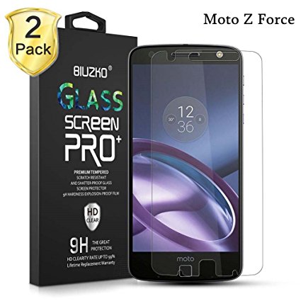 [2-Pack] Moto Z Force Droid Screen Protector,BIUZKO 9H Hardness Crystal Clear Bubble Free Tempered Glass Full Coverage Anti-Bubble Film with Lifetime Replacement Warranty
