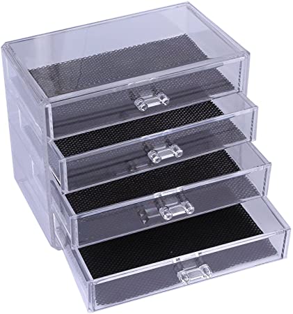 Feibrand Clear Acrylic 4 Drawer Cosmetic Organiser Display Stand for Make Up, Nail Polish, Varnish, Arts and Crafts, Brush Sets, and Jewellery