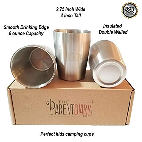 The Parent Diary Double Wall 8oz Stainless Steel Cup for Kids Smooth Rim. for Home & Outdoor Activities Premium Metal Drinking Glasses