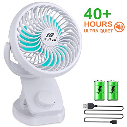 Battery Operated Clip on Stroller Fan - 40 Hours Portable Desk Mini Fan with Rechargeable 4400mA Battery, USB Powered Auto Oscillating Fan for Baby Stroller Home Office Outdoor Travel (White)