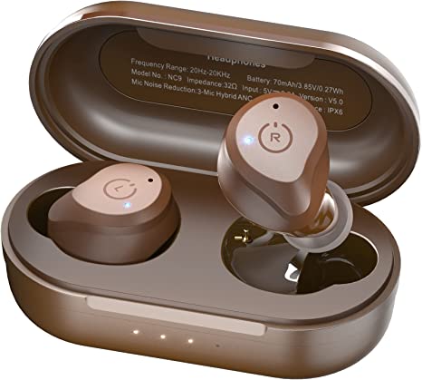 TOZO NC9 2022 Version Hybrid Wireless Earbuds Active Noise Cancelling Headphones Bluetooth 5.3 Stereo in Ear Earphones, Immersive Sound Premium Deep Bass Built in 3 Mic Headset Dark Brown