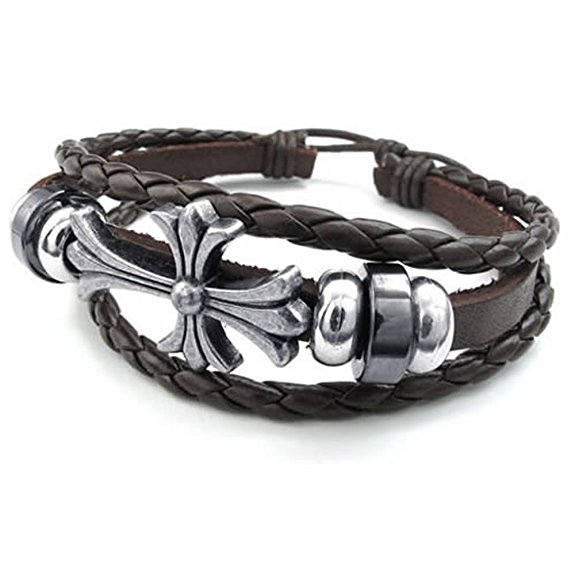 KONOV Mens Womens Leather Bracelet, Celtic Cross Charm Bangle, Fit 7-9 inch, Brown Silver