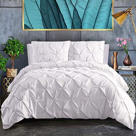 ASHLEYRIVER 3 Piece Luxurious Pinch Pleated Duvet Cover with Zipper & Corner Ties 100% 120 g Microfiber Pintuck Duvet Cover Set(King White)