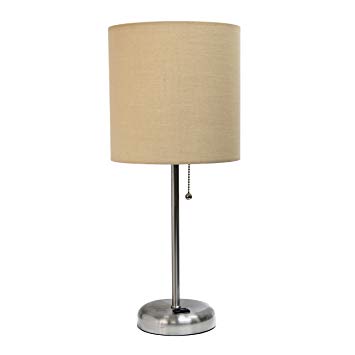 Limelights LT2024-TAN Brushed Steel Lamp with Charging Outlet and Fabric Shade, Tan