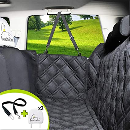 Meadowlark Dog Seat Covers Unique Design & Entire Car Protection-Doors,Headrests & Backseat. Extra Durable Zippered Side Flap, Waterproof Pet Seat Cover   Seat Belt & 2 Headrest Protectors as a Gift