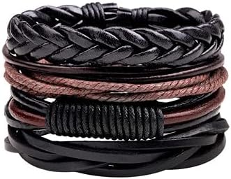 Braided Leather Bracelets for Men Adjustable Leather Wrap Bracelet Black Beaded Bangle Wrist Cuff Bracelet Set