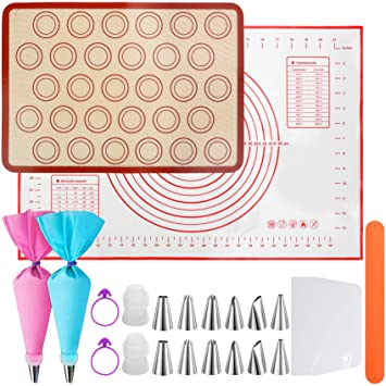 Macaron Silicone Baking Mats,Non Stick Macaron Mat,Pastry Mat with Measurement for Rolling Dough,Baking Macaroons,Cookies, Bread, Pizza,12 Piping Tip with 2 Piping Bag,Multiple Baking Tools Set
