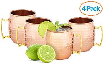 Chef's Star Set of 4 Handmade Hammered Copper Moscow Mule Mug - 100% Pure Copper with Brass Handle - Hammered Moscow Mule Mug Cup