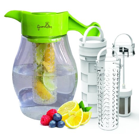 Fruit and Tea Infusion Pitcher - Free Infused Recipe Ebook - Infuser water & tea jug includes 3 infusers for fruit, tea and ice to enhance the flavor of water & beverages - Perfect for detox and weight loss