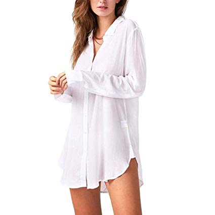 BAOZOON Cotton White Sleep Shirts for Women Button Down Sexy Shirts Long Sleeve Sleepwear Swimsuit Cover Ups Soft Pajama Tops
