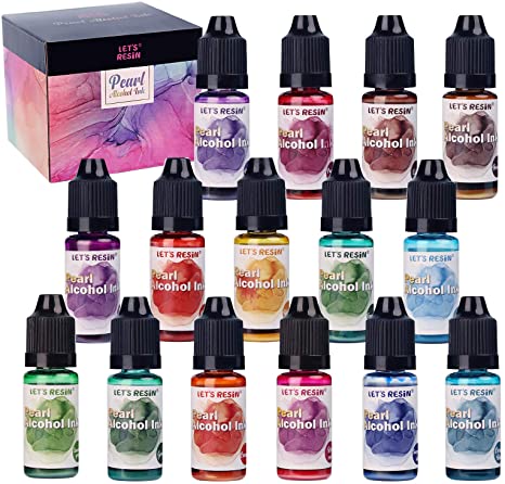 Alcohol Ink for Resin LET’S Resin Pearl Alcohol Ink Set 15 Colors,Pearlescent Alcohol Paint Pigment Color Dye for Resin Petri Making,Epoxy Resin,Resin Molds,Tumblers(Each 0.35oz)