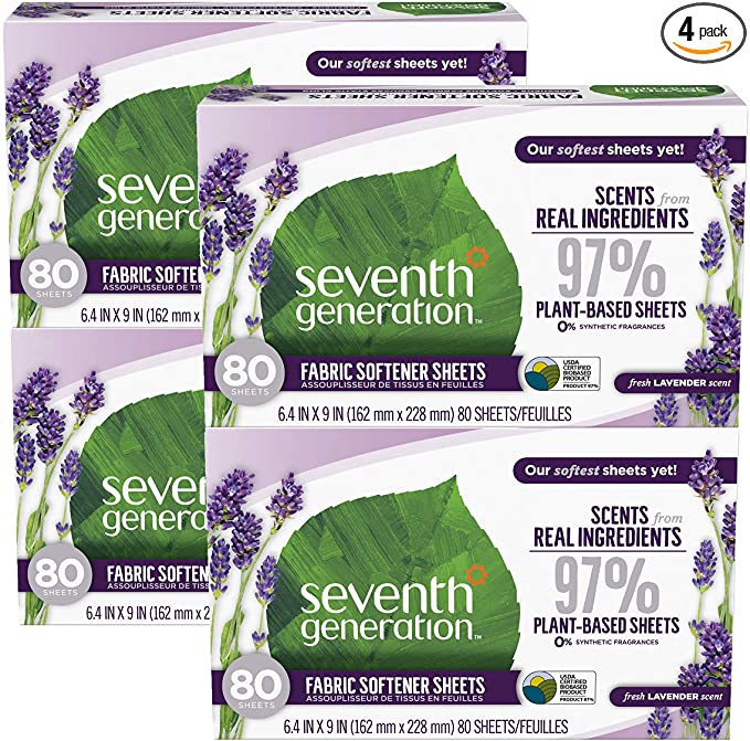 Seventh Generation Dryer Sheets, Fabric Softener, Fresh Lavender Scent, 80 Count, Pack of 4