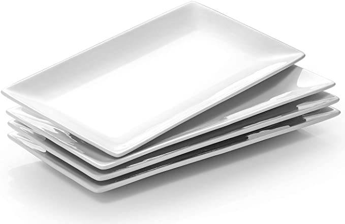 DOWAN Porcelain Rectangle Serving Plates - 9.7 Inches White Serving Platters, Restaurant Plates for Meat, Appetizers, Dessert, Sushi, Party, Set of 4