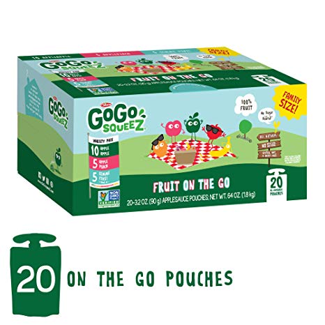 GoGo squeeZ Applesauce on the Go, Variety Pack (Apple Apple/Apple Peach/Apple GIMME 5), 3.2 Ounce (20 Pouches), Gluten Free, Vegan Friendly, Healthy Snacks, Unsweetened, Recloseable, BPA Free Pouches