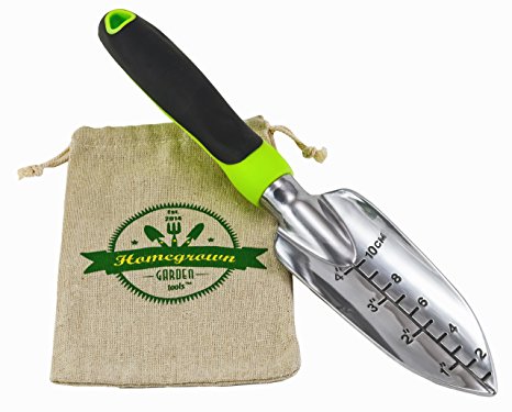 Transplanter Trowel with Ergonomic Handle from Homegrown Garden Tools; Heavy Duty Polished Aluminium Blade; Includes Burlap Tote Sack - Makes Perfect Gift