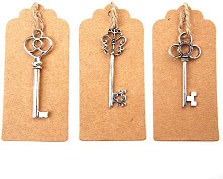 Bingcute Mixed Set of 30 Vintage Antique Silver Skeleton Key Charm with 30PCS Kraft Paper Gift Tags & 30 Feet Natural Jute Twine