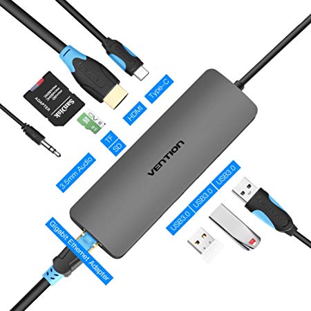 Vention USB C Hub, USB C 9 in 1 Thunderbolt 3 Hub,with USB C PD Port,Multiport USB C to HDMI Adapter with USB 3.0 Port,1000M RJ45 Port, 3.5 Audio Jack, Micro SD Card Reader Compatible for MacBook Pro