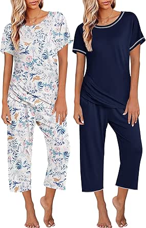 Ekouaer 2 Pack: Womens Pajamas Short Sleeve Sleepwear Tops and Capri Pants Pjs Print Pajama Sets