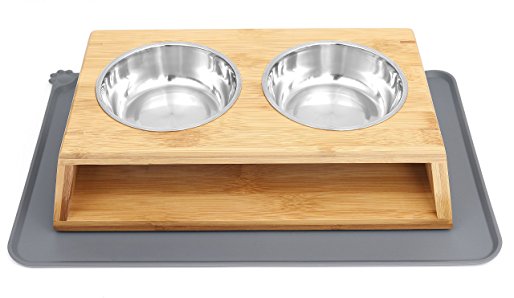 Elevated Bamboo Pet Feeder Double Bowl Raised Stand Comes with 2 Stainless Steel Bowls by Bubinga