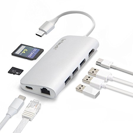 LeTouch 8 in 1 USB C Hub Multi-Port Type C Adapter Dongle for Macbook, Charge and Sync, 1 Type-C Power Pass Through, 1 HDMI (4K), 1 Ethernet,3 USB 3.0 Ports and SD/Micro Card Reader(Aluminum, Silver)