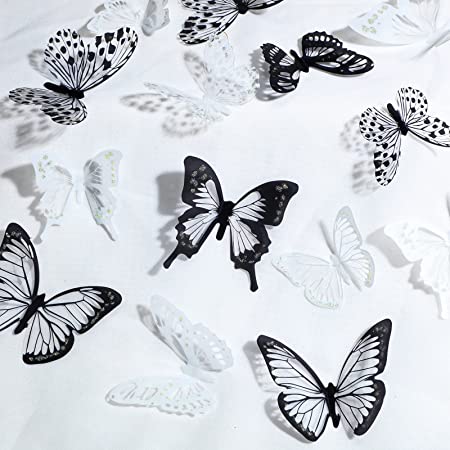 144 Pcs Black Butterfly Wall Decor Stickers Glitter Removable 3D White Butterflies Party Decorations Birthday Wedding Stickers Room Decor for Baby Shower Girls Kids