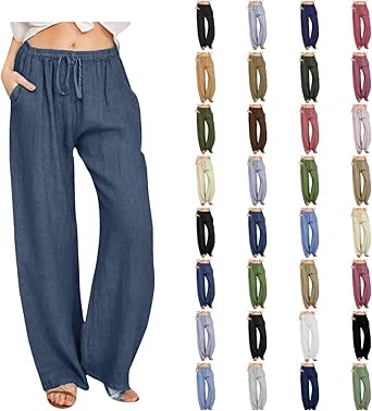 Linen Pants Women Summer Fall Elastic Waist Lounge Trousers with Pockets, Casual High Waisted Gauze Wide Leg Pants