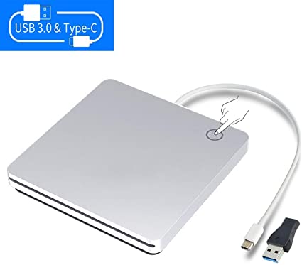 Xglysmyc External USB C Slot in Smart Touch CD DVD Drive,USB 3.0 Portable CD/DVD  /-RW ROM Burner Player Writer Drive Compatible with Laptop Desktop MacBook Pro Air iMac Windows10-Silver
