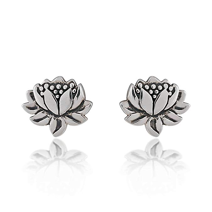 925 Sterling Silver Oxidized Detailed Lotus Flower Stud Earrings