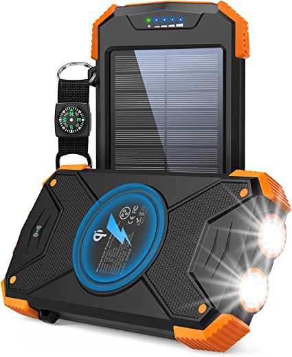BLAVOR Solar Charger Power Bank, Qi Wireless Charger 10,000mAh External Battery Pack Type C Input Output Dual Super Bright Flashlight, Compass Carabiner, Solar Panel Charging