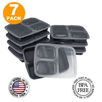 3 Compartment Meal Prep Containers with Lids, Food Storage Lunch Bento Box with Plate Dividers, US Made, 32 oz, Microwave & Dishwasher Safe, Stackable, Reusable, Black [7 Pack]