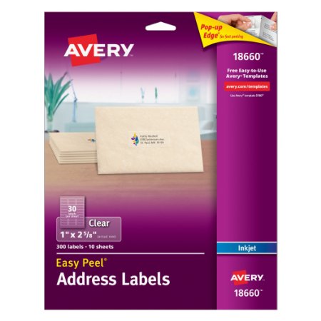 Avery Easy Peel Mailing Labels for Ink Jet Printers, 1 x 2-5/8 Inches, Clear, Pack of 300 (18660)