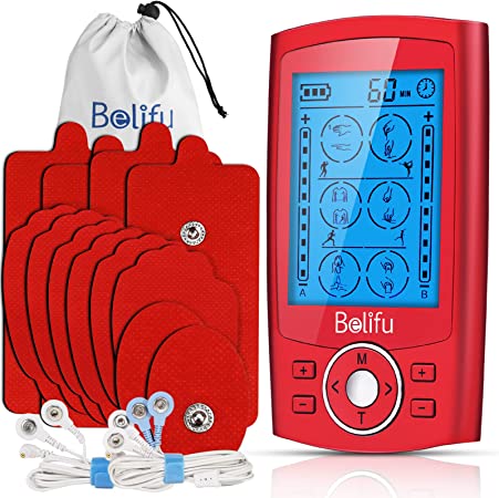 Belifu Dual Channel TENS EMS Unit with 12 Pads, 24 Modes Muscle Stimulator , Electronic Pulse Massager Muscle Massager for Pain Relief Therapy, Fastening Cable Ties, Dust-Proof Drawstring Storage Bag