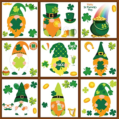 12 Sheets St. Patrick's Day Window Clings Decorations Gnome Shamrock Stickers Reusable Static Spring Window Decal for Saint Patrick Day Irish Party Supplies