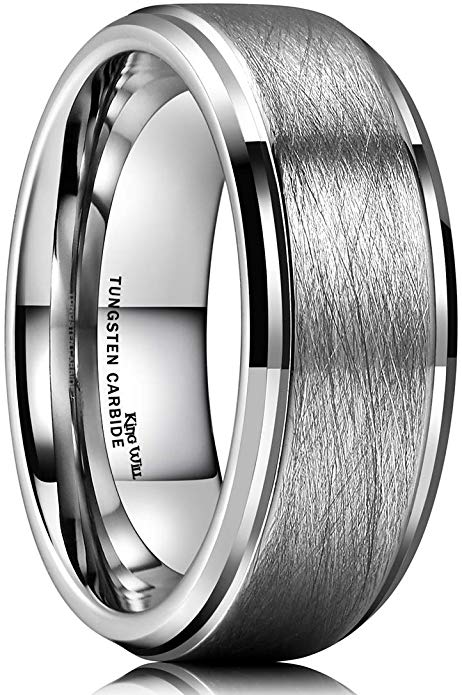 King Will Classic 8mm Tungsten Ring Matte Brushed Finish Grooved Comfort Fit Polished Men's Wedding Band