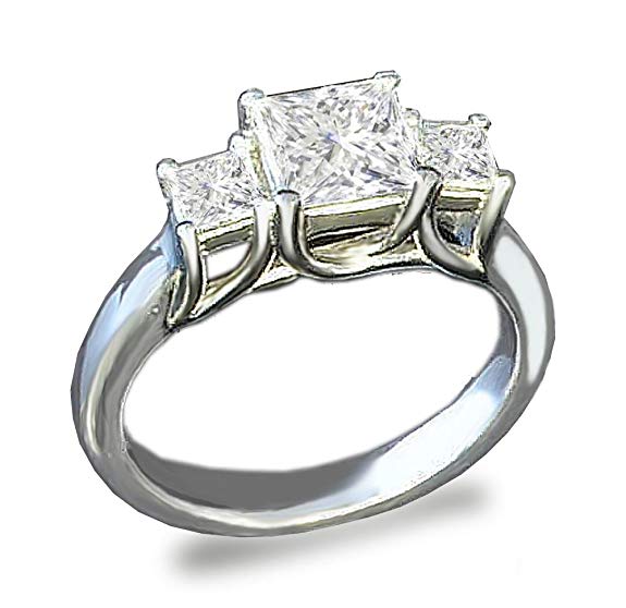 Venetia 3-Stones Supreme Top Grade Realistic Princess Cut Simulated Diamond Ring 925 Silver Platinum Plated cz cubic zirconia