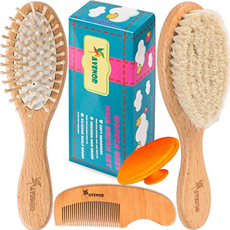 Baby Hair Brush Comb Set - Natural Wooden Hairbrush with Soft Goat Bristles for Cradle Cap - Scalp Grooming Massage for Newborns, Toddlers, Kids - Baby Shower and Registry Gift