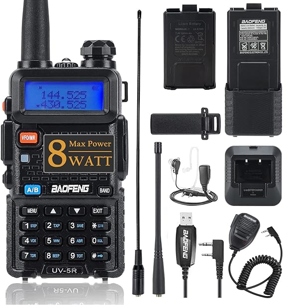 BAOFENG UV-5R 8W Ham Radio with Rechargeable 3800mAh Li-ion Battery Speaker Mic Cable and High Gain Antenna