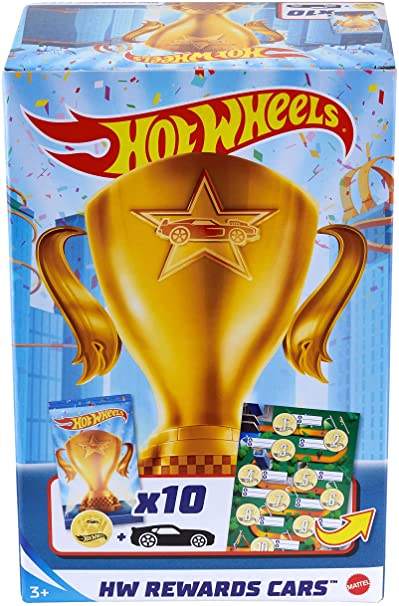 Hot Wheels Rewards Car Pack of 10 Individually Wrapped 1:64 Scale Die-Cast Vehicles in Opaque Bags with Gold Stickers, Rewards or Prizes for Kids 3 Years Old & Up